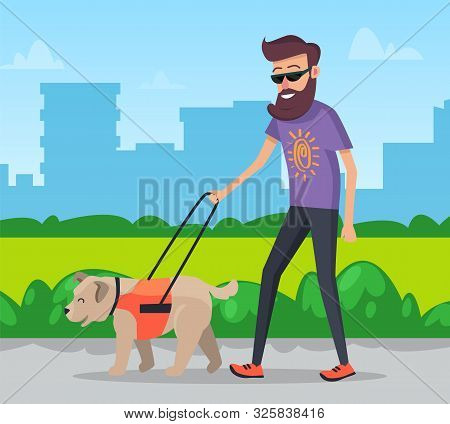 Pet Owner Walking Dog On Leash In Park Vector Illustration. Guy And Pet Happy Going Straight Footpat