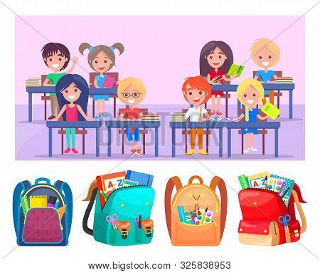 Happy Schoolchildren Sitting In Classroom At Lesson. On Schooldesks Are Books And Notebooks. Under P