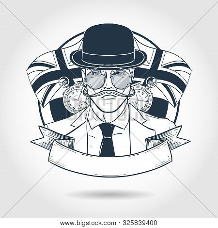 Hand Drawn Sketch, British Man With Beard And Mustaches And Hat. Poster, Flyer Design