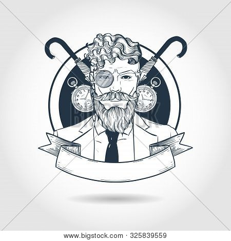 Hand Drawn Sketch, British Man With Beard And Mustaches And Umbrella And Clock. Poster, Flyer Design