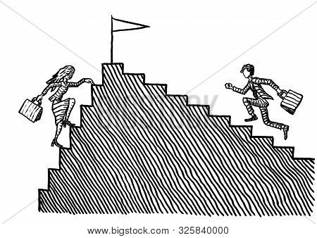 Freehand Pen Drawing Of Business Woman And Businessman Racing For The Goal Post, The Female Climbing
