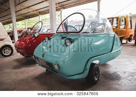 Nakhon Pathom, Thailand - August 3, 2019: Vintage Microcar Peel Trident Exhibit At Vintage Car Colle