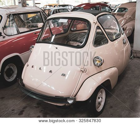 Nakhon Pathom, Thailand - August 3, 2019: Vintage Isetta Velam Microcar Exhibit At Vintage Car Colle