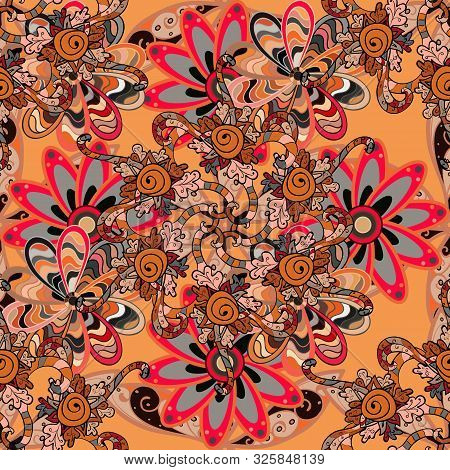 Seamless. Cute Floral Elements. Flowers On Gray, Black And Orange Colors. Vector Illustration.
