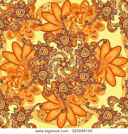 Pattern With Spring Flowers With Branch, On Black, Orange And Yellow Colors With Flower Silhouette. 