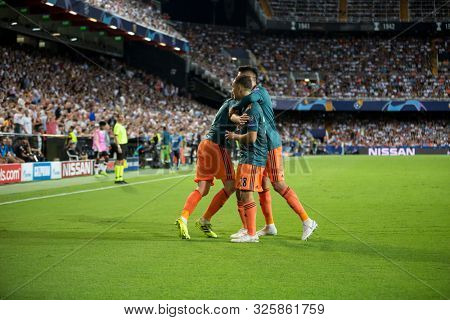 VALENCIA, SPAIN - OCTUBER 2: Ajax players celebratong goal during UEFA Champions League match between Valencia CF and AFC Ajax at Mestalla Stadium on Octuber 2, 2019 in Valencia, Spain