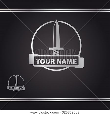 Silver Logo With Sword In Circle. Logo Design Template. Logotype. Watermark