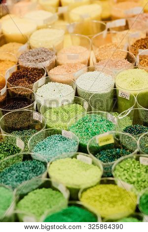 Colorful Glass Beads Pattern. Beading. Variety Of Color Beads In Handmade Shop.