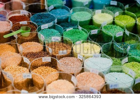 Colorful Glass Beads Pattern. Beading. Variety Of Color Beads In Handmade Shop.