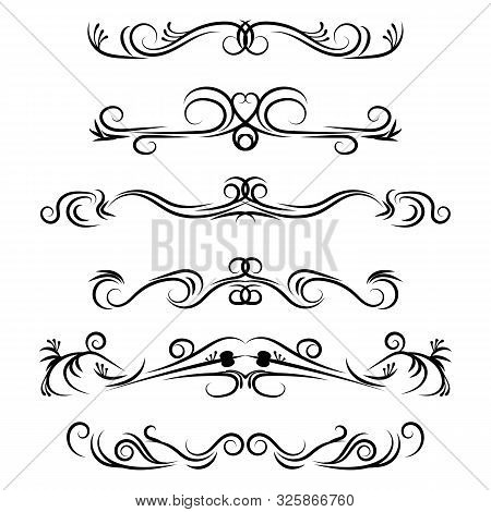 Hand Drawn Vector Dividers. Decorative Swirls Lines, Flourished Borders And Curl Set. Design Element
