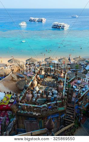 Sharm El Sheikh, Egypt - September 19, 2019: Beautiful Top View Of Popular Farsha Cafe On Shore Of R