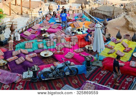 Sharm El Sheikh, Egypt - September 19, 2019: Unidentified People Are Relaxing In Popular Farsha Cafe