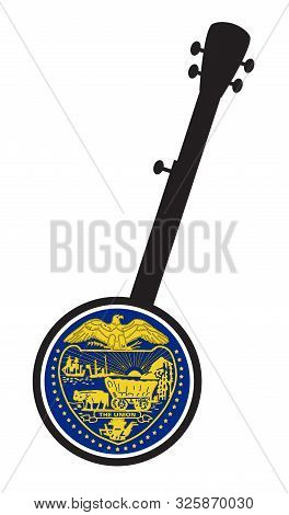 A Typical Five String Banjo In Silhouette On A White Background Woth The Icon From The State Seal Of