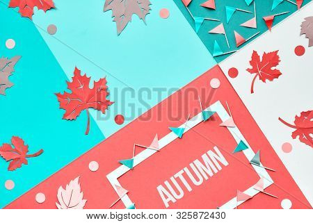 Ornate Geometric Autum Flat Lay, Paper Craft. Diagonal Arrangement With Autumn Leaves, Glags And Cir