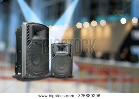 Speakers With Built-in Amplifiers On The Concert Hall Background.