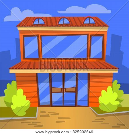 Cafe Eatery Exterior Vector, Outdoors View Of Building For People To Eat. Diner With Wide Windows An