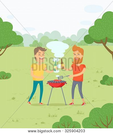 People Relaxing On Weekends Vector, Male Friends Drinking Beer And Roasting Meat. Bbq Picnic On Natu