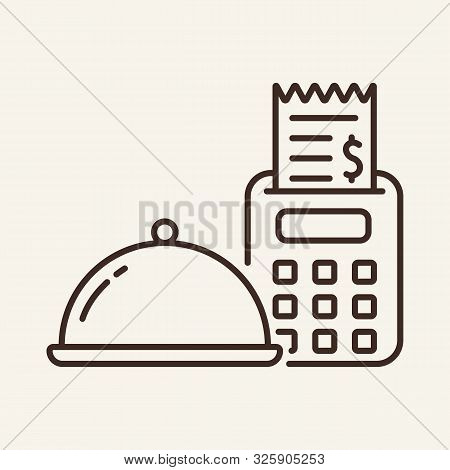Hotplate And Cash Machine Line Icon. Cheque, Bill, Tips. Restaurant Business Concept. Vector Illustr