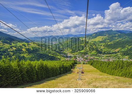 Chairlift Ski Transport In Summer Mountain Landscape. Borsa Is A Well Known Winter Sports Resort In 