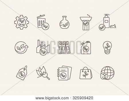 Ecology Line Icons. Set Of Line Icons. Paperbag, Gearwheel, Light Bulb. Eco Technology Concept. Vect