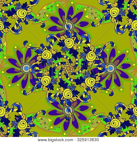 Cute Floral Pattern In The Small Flower. Tropical Seamless Pattern With Many Green, Yellow And Blue 