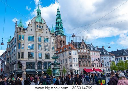 Copenhagen, Denmark - May 04, 2019: Amagertorv Part Of The Stroget Famous Shopping Area Is The Most 