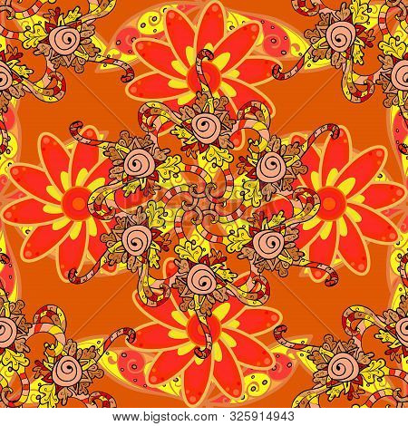 Flowers On Orange, Yellow And Red Colors. Vector Floral Pattern In Doodle Style With Flowers. Gentle