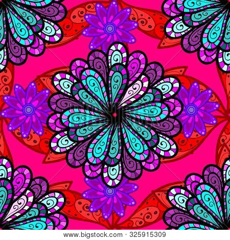 On Red, Magenta And Black Colors. Seamless Decorative Background, Flower Mandala. Flower. Vector Ill