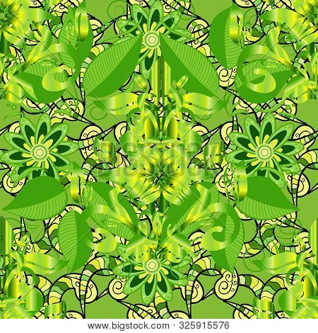 Seamless Background Pattern. Flowers On Green, Black And Yellow. Vector Stock. Watercolor, Hand Draw