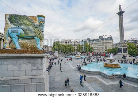 London - October 4, 2019: Lamassu On Trafalgar Square - Sculpture Of Cans Of Iraqi Syrup