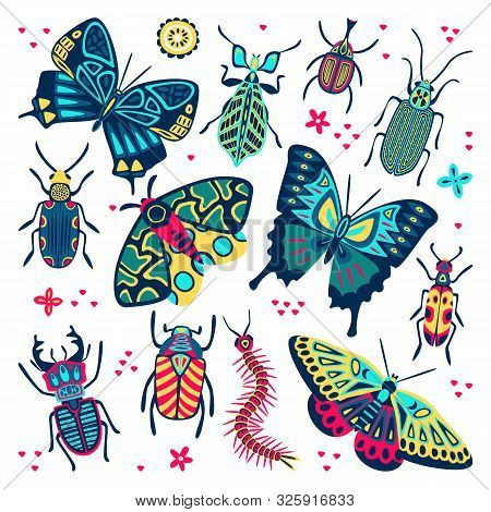 Bright Multicolor Butterfly, Beetles And Bugs Set. Vector Flat Cartoon Illustration. Decorative Inse