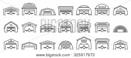 Airport Hangar Icons Set. Outline Set Of Airport Hangar Vector Icons For Web Design Isolated On Whit