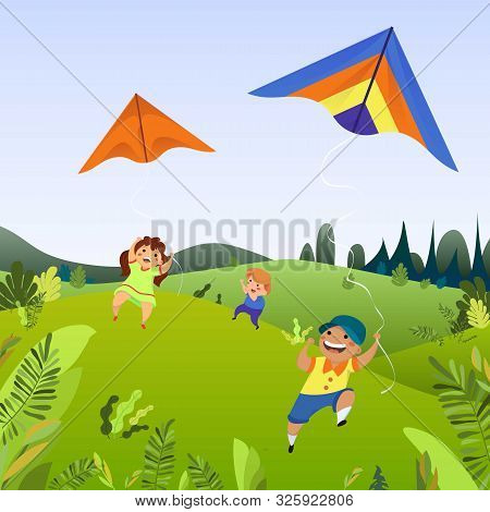 Kids Play With Kites Concept Background. Cartoon Illustration Of Kids Play With Kites Vector Concept