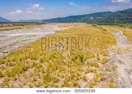 landscape of golden miscanthus with mountain and river under sky