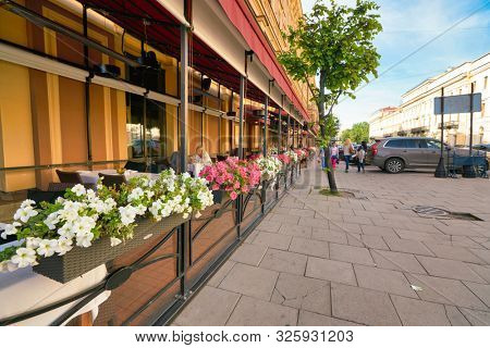 SAINT PETERSBURG, RUSSIA - CIRCA AUGUST, 2017: outside of a restaurant in Saint Petersburg in the daytime.