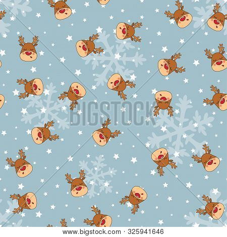 Seamless Christmas Pattern With Rednosed Reindeer On A Background Snowfall And Shooting Stars. Perfe