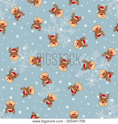 Seamless Christmas Pattern With Rednosed Reindeer On A Background Snowfall And Shooting Stars. Perfe