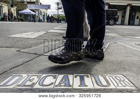 New Orleans, Usa - Dec 17, 2017: Low Angle View Of Decatur Street In The French Quarter. The Stylish