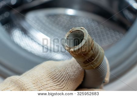 Hand Of A Plumber Holding A Broken Flexible Drain Hose Of Washing Machine, Clogged And Covered With 