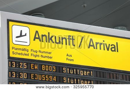 Berlin Germany - June 12, 2019: Flight Arrival Schedule Board Tegel Airport Berlin Germany