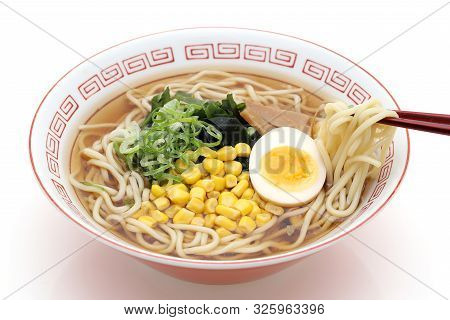 Japanese Soy Sauce Noodles With Chopsticks On White Background