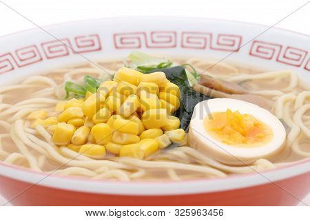 Japanese Miso Ramen Noodles In A Bowl On White Background