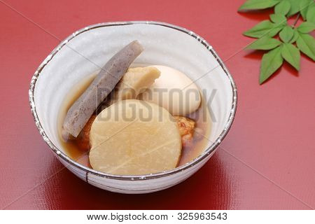 Japanese Food, Oden In A Ceramic Bowl On Wooden Tray