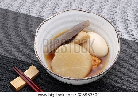 Japanese Food, Oden In A Bowl On Black Table