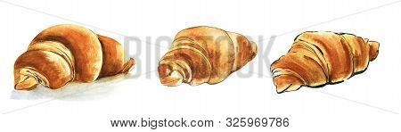 Three Drawings Of Fresh Croissant. Morning Baking. French Bun Curlicue Bagel. Hand Drawn Watercolor 