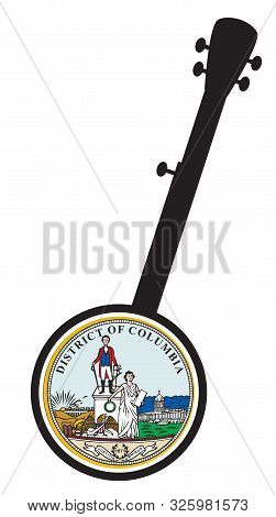 A Typical Five String Banjo In Silhouette On A White Background Woth The Icon From The State Seal Of