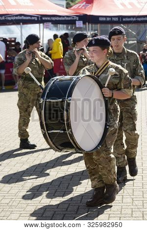 Corby, U.k. September 14, 2019 - Army Band Playing At Musical Instruments At British Fire Engine Ope