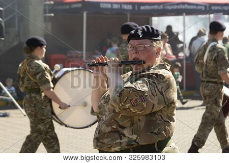 Corby, U.k. September 14, 2019 - Army Band Playing At Musical Instruments At British Fire Engine Ope