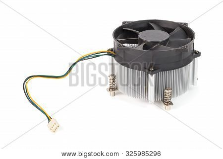 Old Aluminium Pc Processor Cooler With Pwm Control 4-contact Wire Isolated On White Background