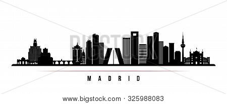 Madrid Skyline Horizontal Banner. Black And White Silhouette Of Madrid, Spain . Vector Template For 